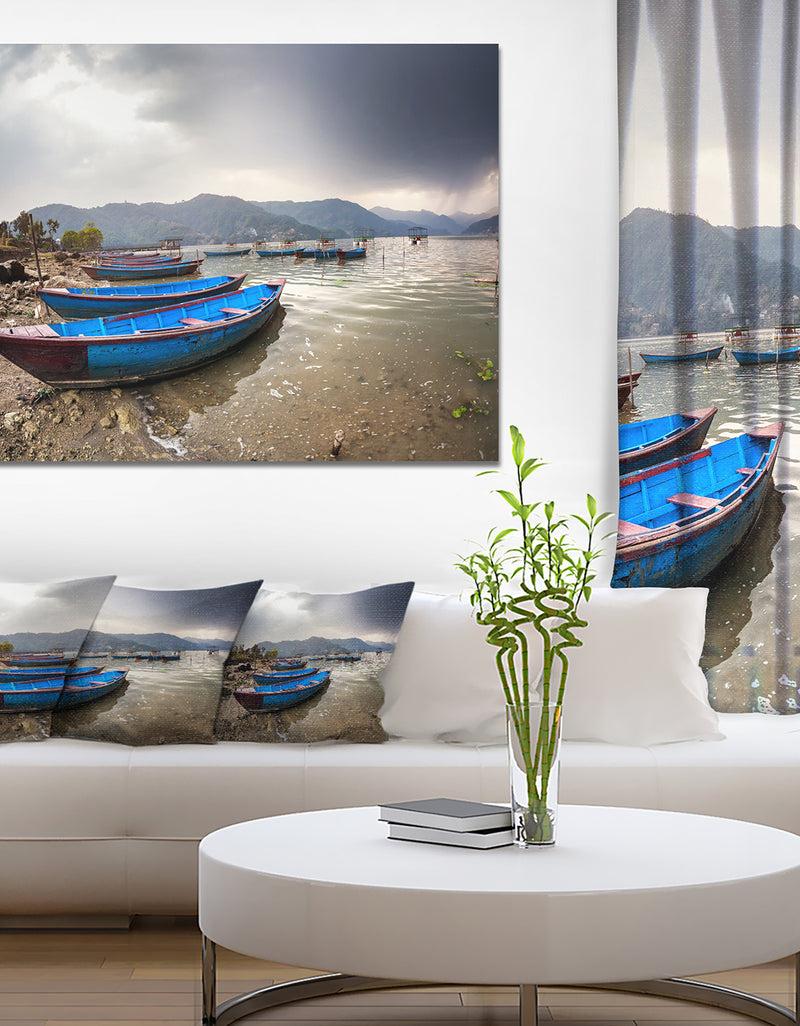 designq Blue Boats in Pokhara Lake - Boat Canvas Wall Art