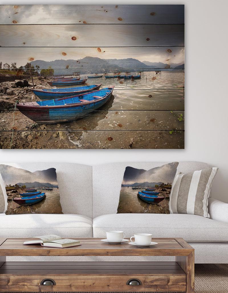 designq Blue Boats in Pokhara Lake - Boat Print on Natural Pine Wood