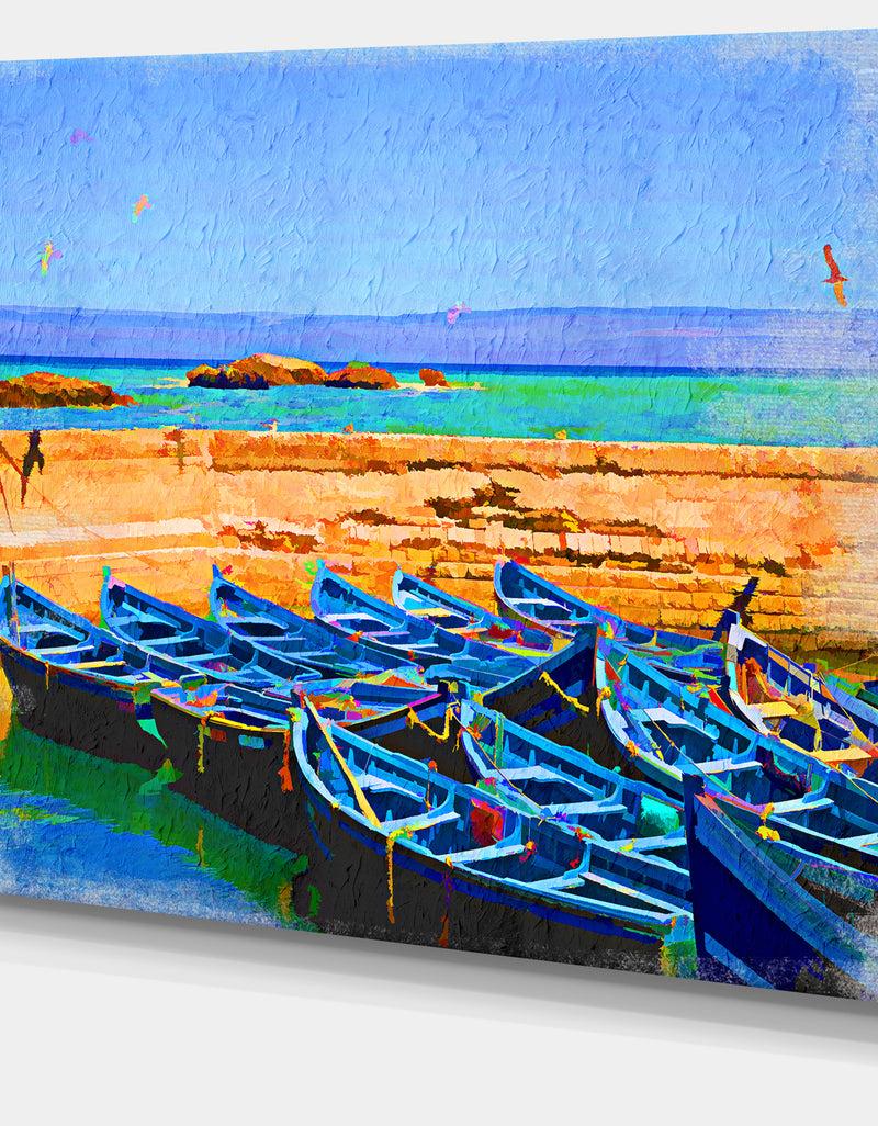 Designq Blue Boats In Sea - Seascape Painting Canvas Print
