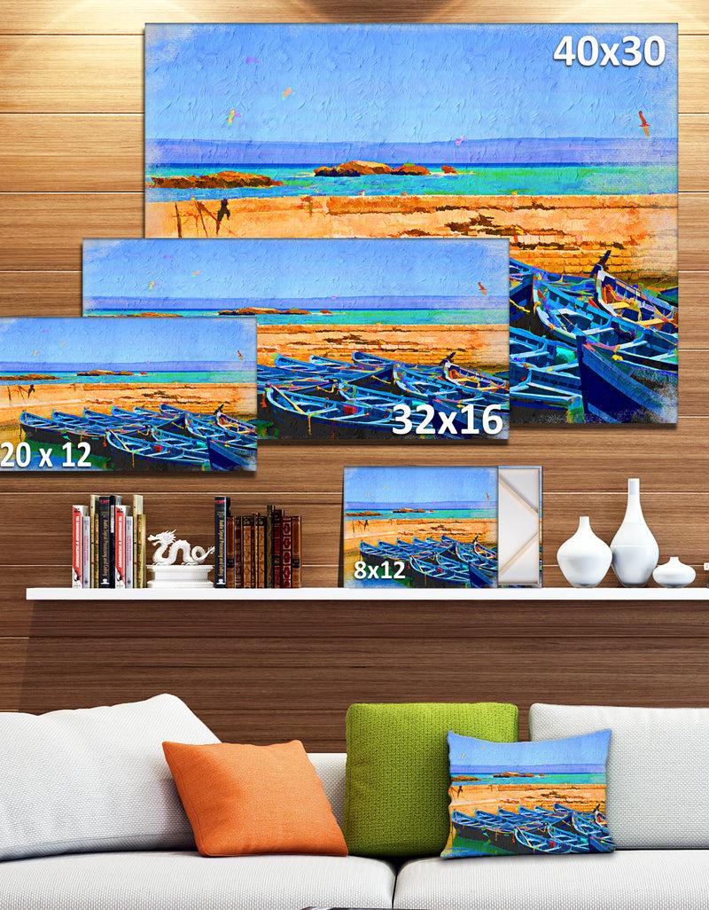 Designq Blue Boats In Sea - Seascape Painting Canvas Print