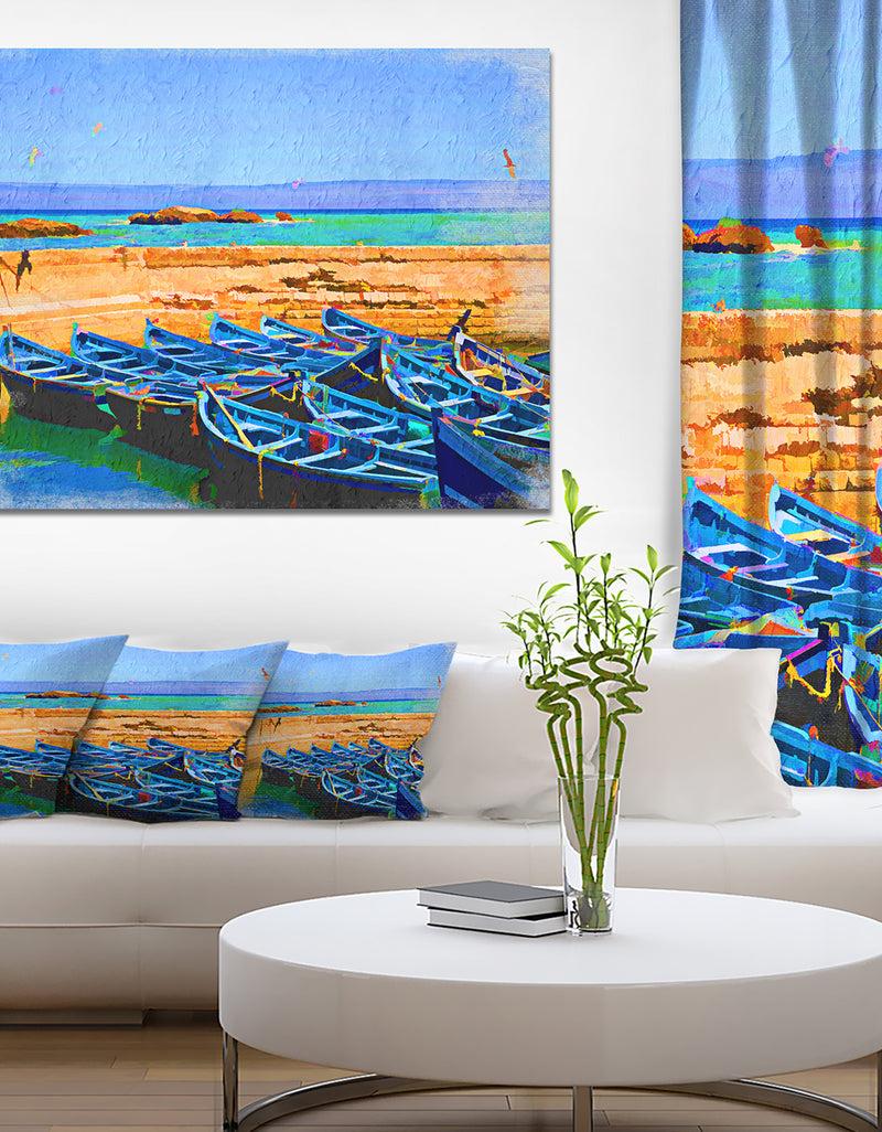 designq Blue Boats in Sea - Seascape Painting Canvas Print