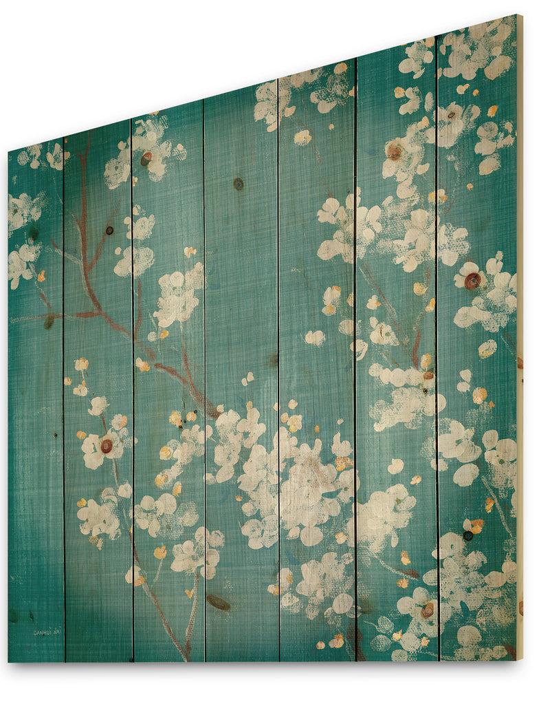Designq Blue Cherry Blossoms I - Cabin & Lodge Print On Natural Pine Wood