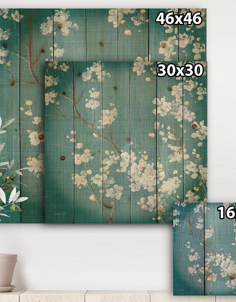 Designq Blue Cherry Blossoms I - Cabin & Lodge Print On Natural Pine Wood