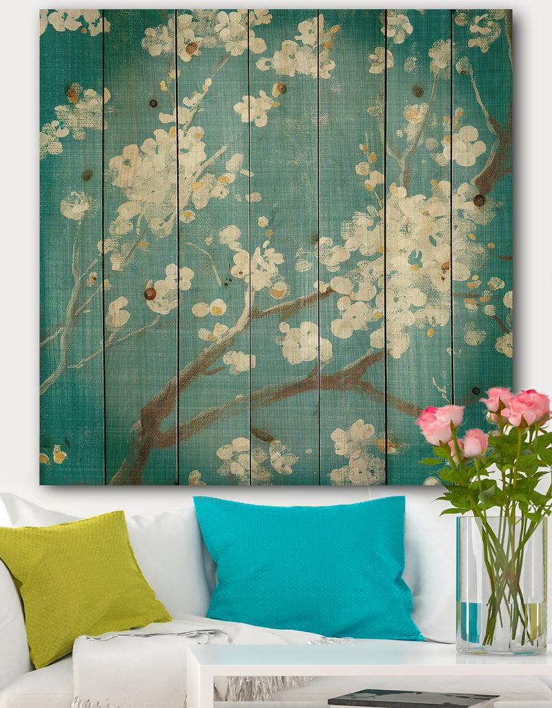designq Blue Cherry Blossoms II - Cabin & Lodge Print on Natural Pine Wood