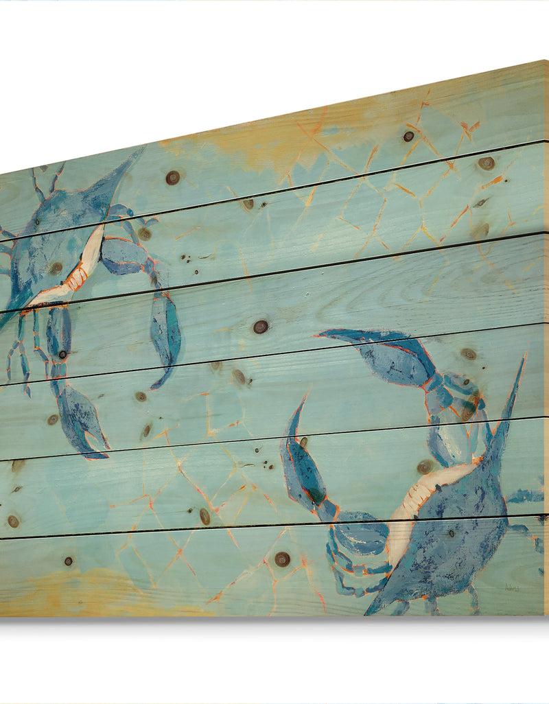 Designq Blue Coastal Crab Battle - Nautical & Coastal Print On Natural Pine Wood