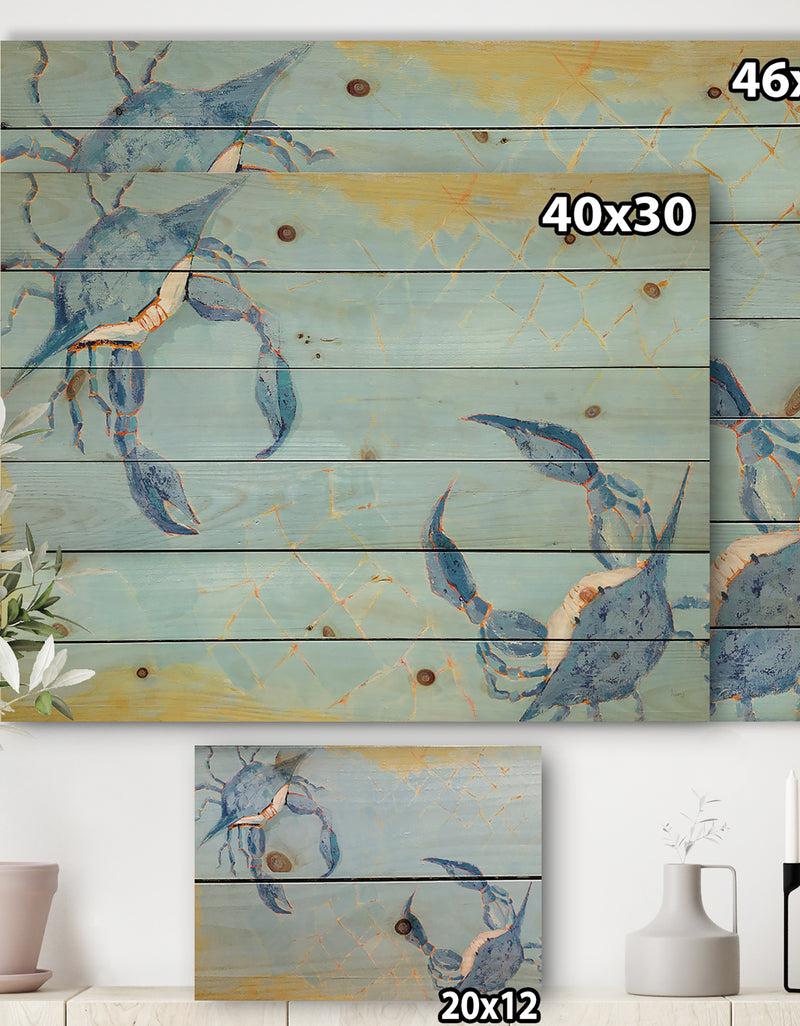 Designq Blue Coastal Crab Battle - Nautical & Coastal Print On Natural Pine Wood
