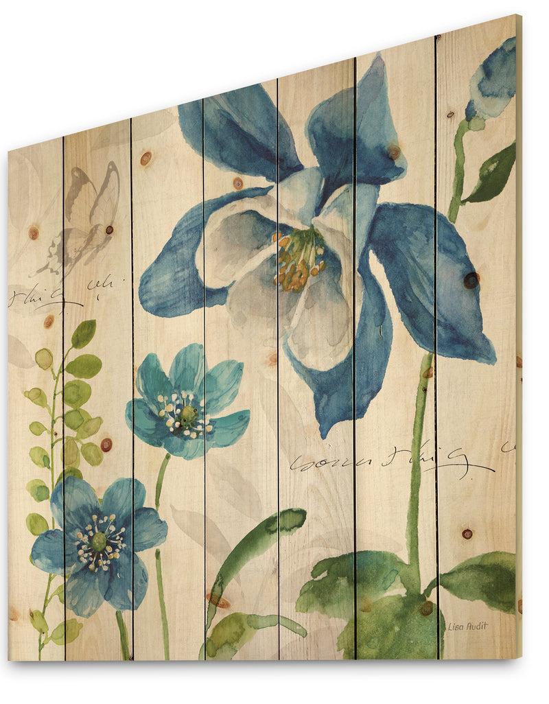 Designq Blue Columbine Flowers With Butterfly - Cabin & Lodge Print On Natural Pine Wood
