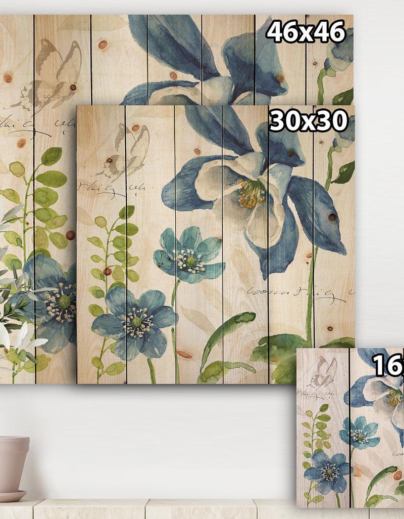 Designq Blue Columbine Flowers With Butterfly - Cabin & Lodge Print On Natural Pine Wood