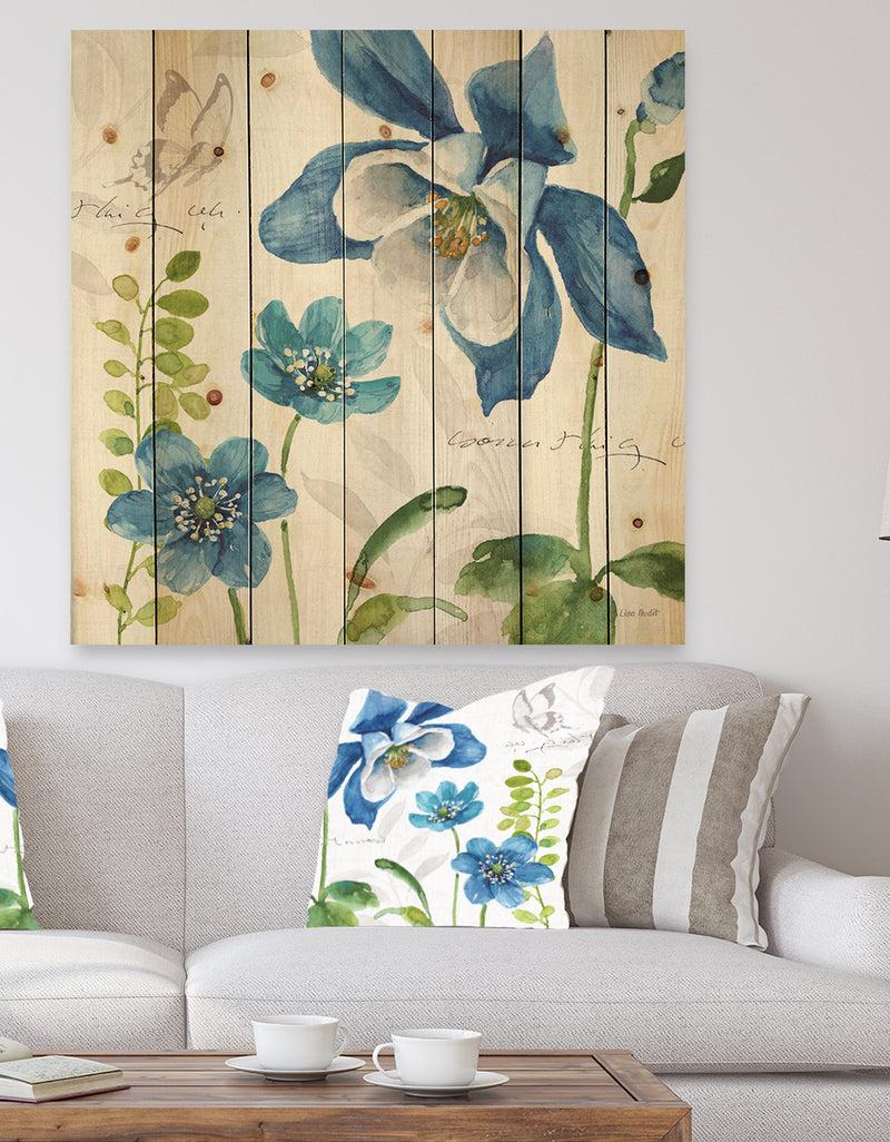 designq Blue Columbine Flowers With Butterfly - Cabin & Lodge Print on Natural Pine Wood