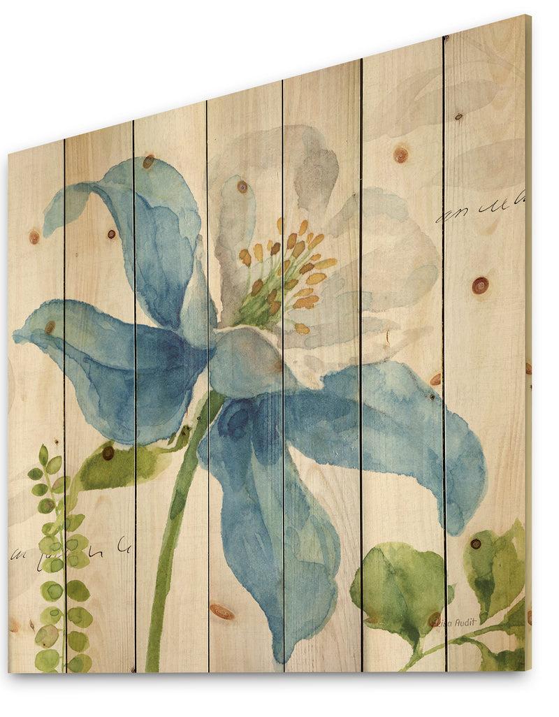 Designq Blue Columbine Wild Flower With Ferns - Cabin & Lodge Print On Natural Pine Wood