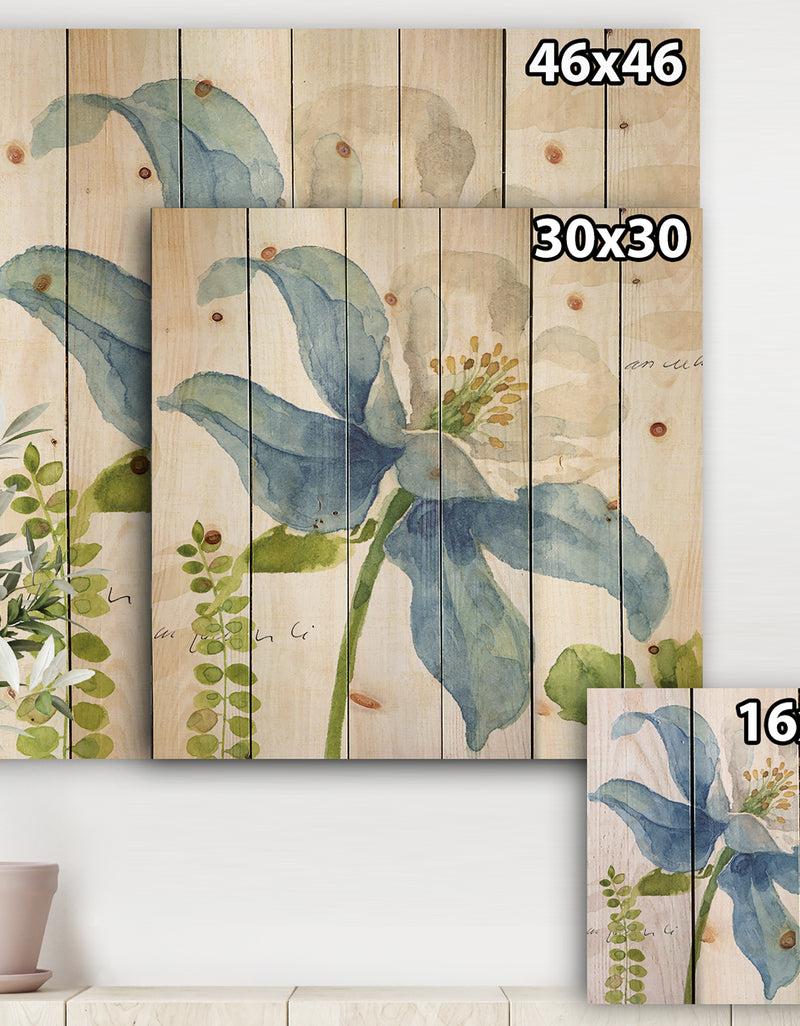 Designq Blue Columbine Wild Flower With Ferns - Cabin & Lodge Print On Natural Pine Wood