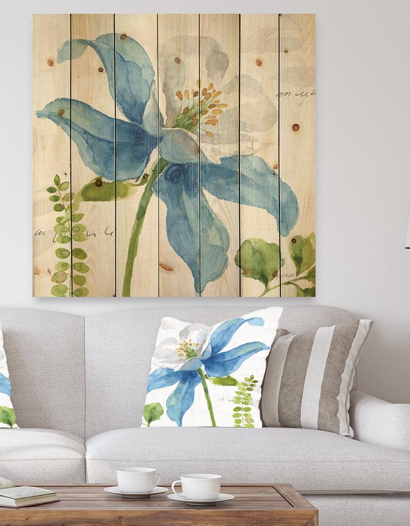 designq Blue Columbine Wild Flower with Ferns - Cabin & Lodge Print on Natural Pine Wood