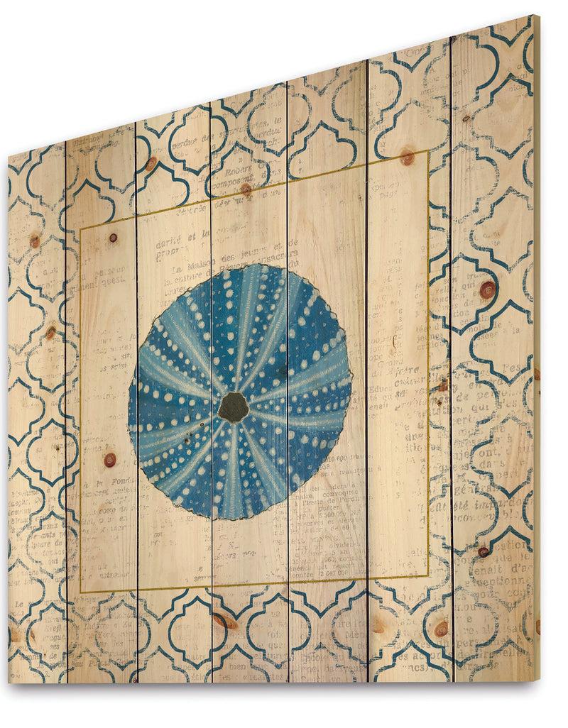 Designq Blue Conch Shell On Blue Coastal Pattern - Nautical & Coastal Print On Natural Pine Wood