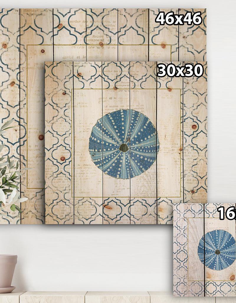 Designq Blue Conch Shell On Blue Coastal Pattern - Nautical & Coastal Print On Natural Pine Wood