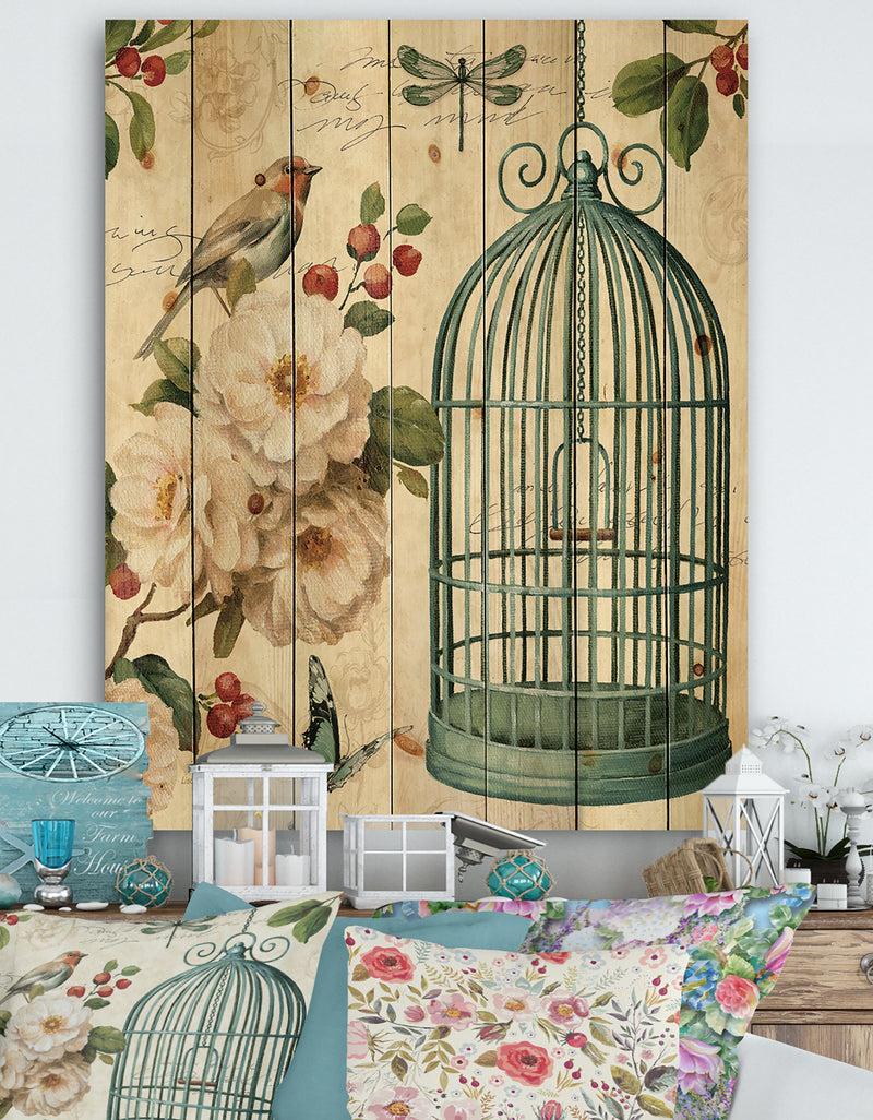 designq Blue Cottage Bird Birdcage and Apple Blossoms II - Floral and botanical Print on Natural Pine Wood