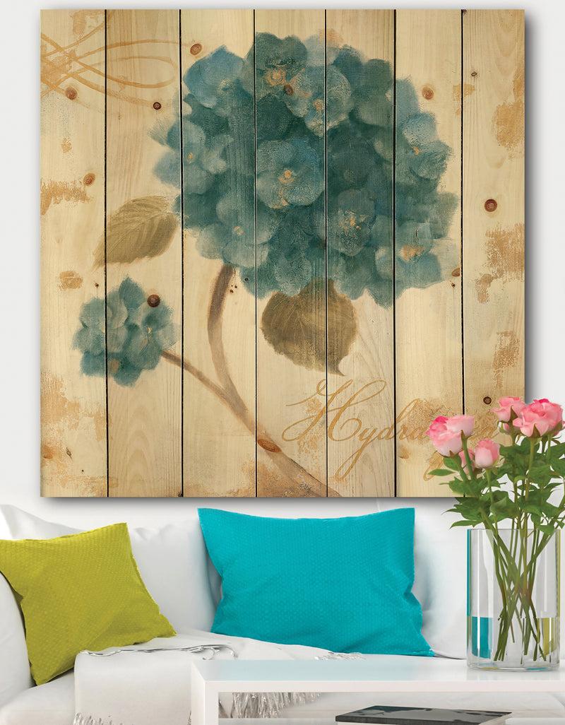 designq Blue Cottage Flower Hydrangea II - Farmhouse Print on Natural Pine Wood