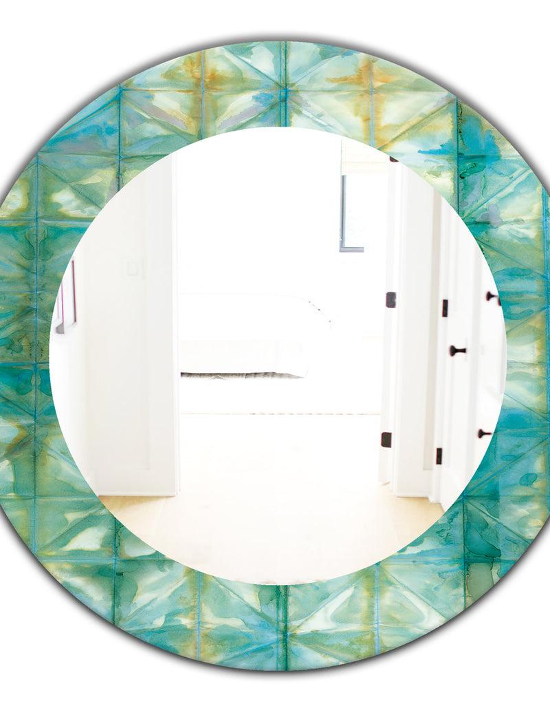 Designq Blue Diamonds Minimal Geometric I - Mid-Century Mirror - Oval Or Round Wall Mirror