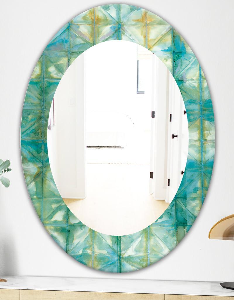 Designq Blue Diamonds Minimal Geometric I - Mid-Century Mirror - Oval Or Round Wall Mirror