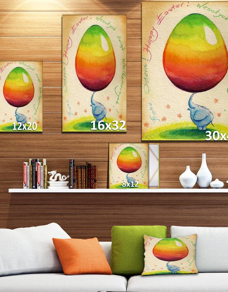 Designq Blue Elephant With Easter Egg - Animals Painting Print On Wrapped Canvas