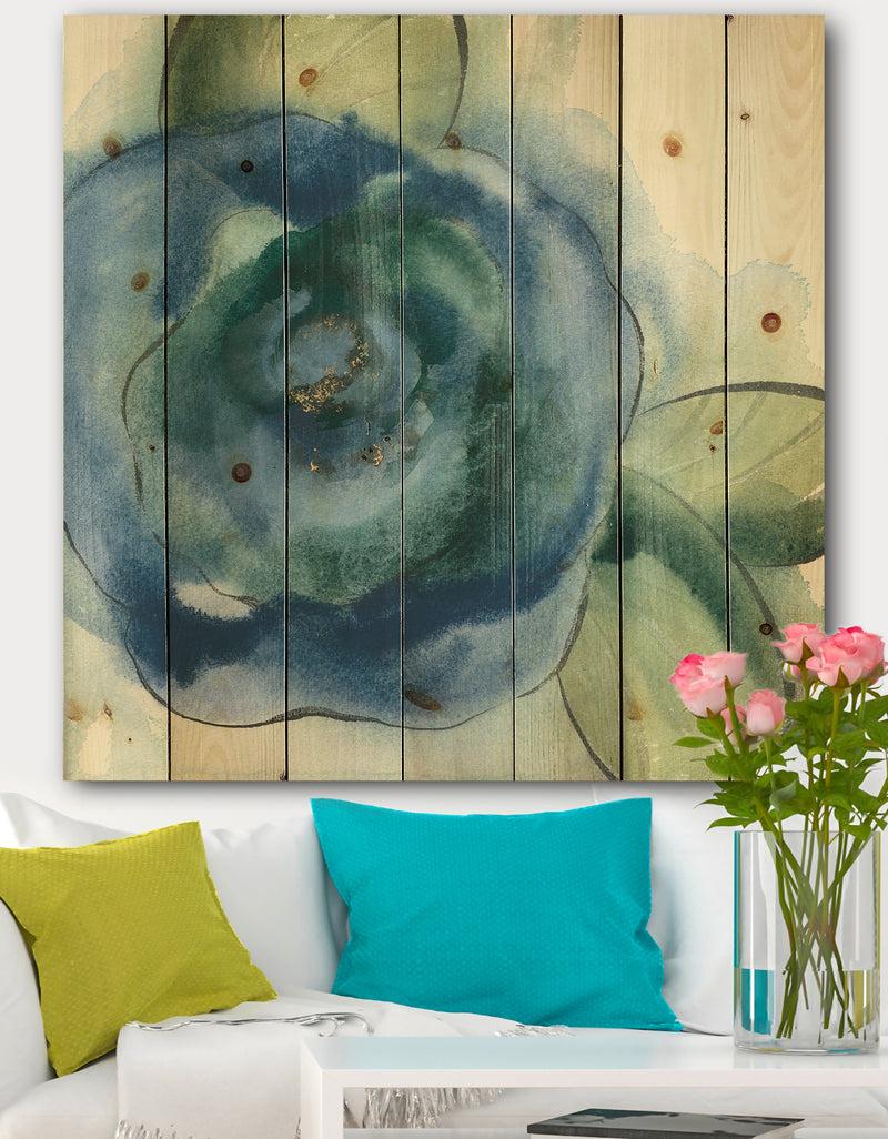 designq Blue Floral Poppies I - Cottage Print on Natural Pine Wood