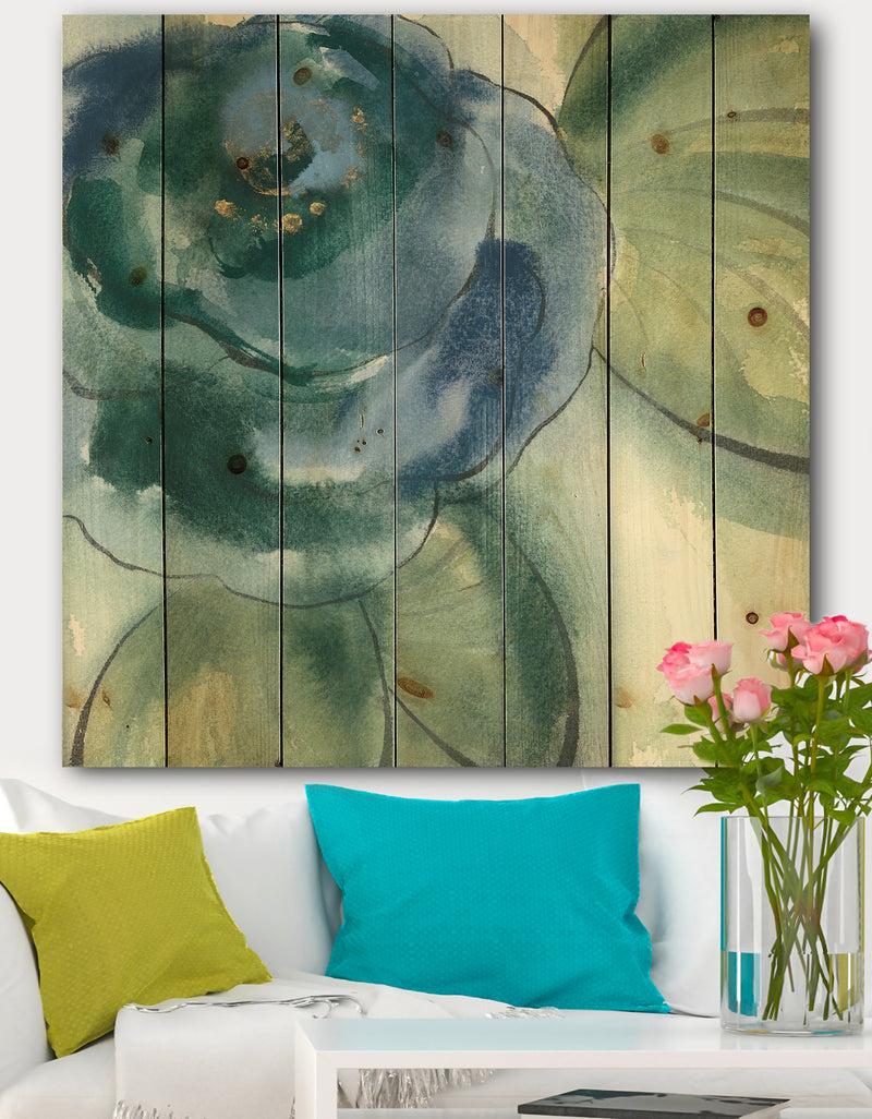 designq Blue Floral Poppies II - Cottage Print on Natural Pine Wood