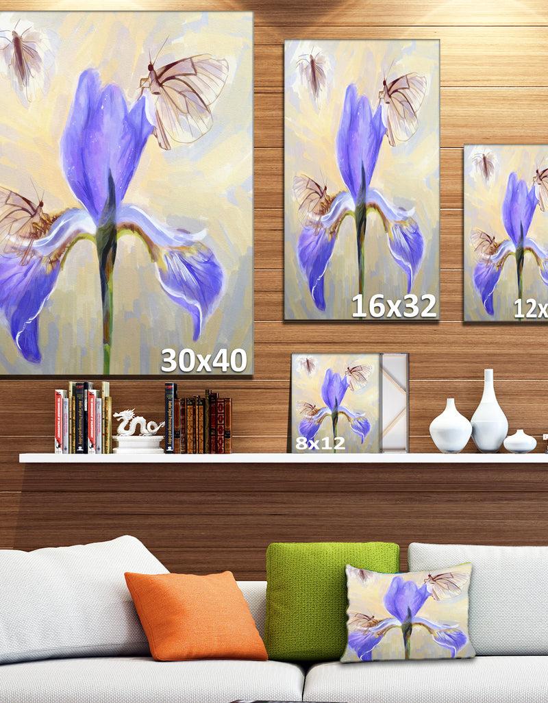 Designq Blue Flower With Butterflies Sketch - Extra Large Floral Canvas Art