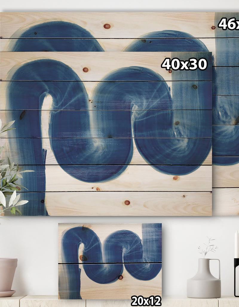 Designq Blue Geometric S Curve - Modern Transitional Print On Natural Pine Wood