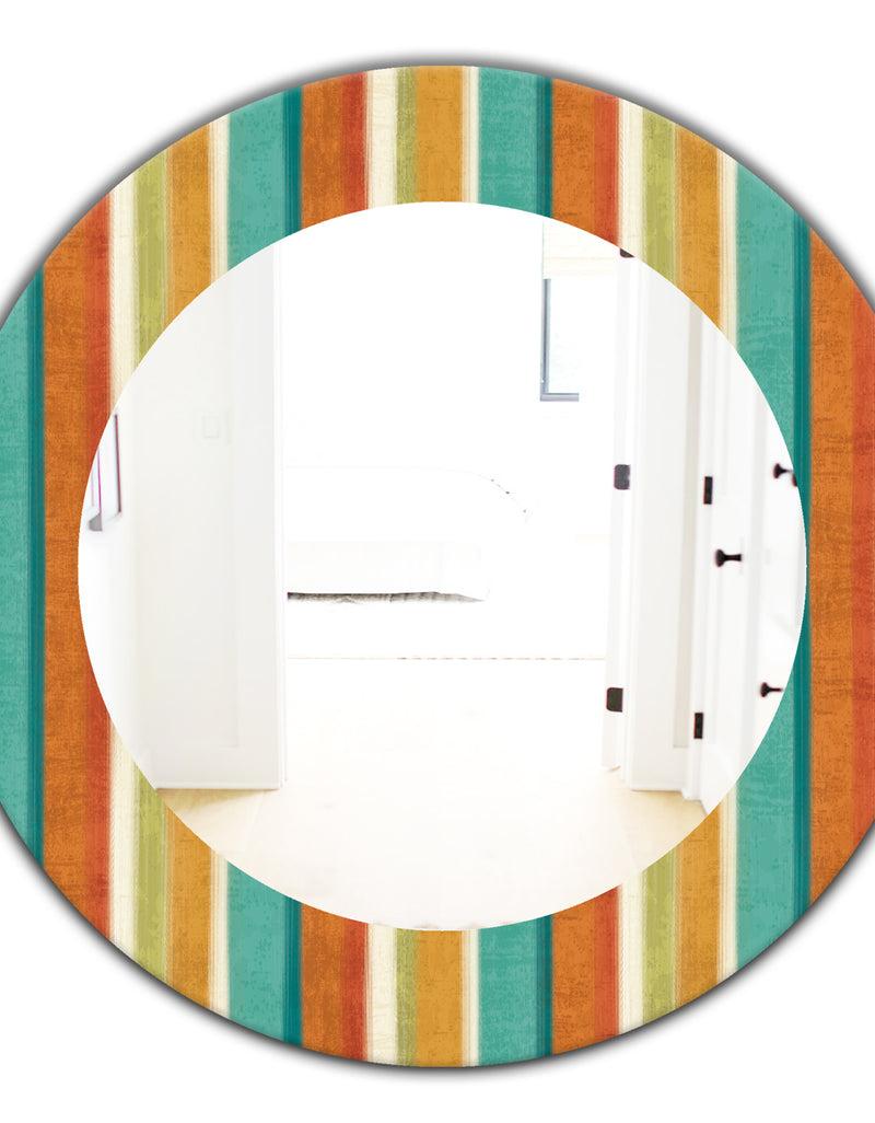 Designq Blue Green And Orange Vertical Abstract Stripes - Mid-Century Mirror - Oval Or Round Wall Mirror
