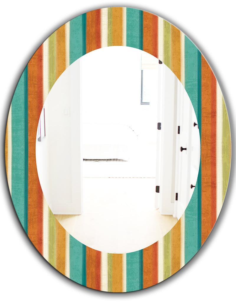 Designq Blue Green And Orange Vertical Abstract Stripes - Mid-Century Mirror - Oval Or Round Wall Mirror