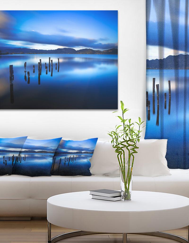 designq Blue Lake Sunset with Pier - Landscape Photo Canvas Print