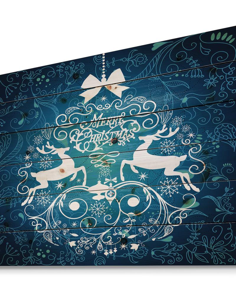 Designq Blue Merry Christmas Reindeer Snow Crystal Pattern - Print On Natural Pine Wood