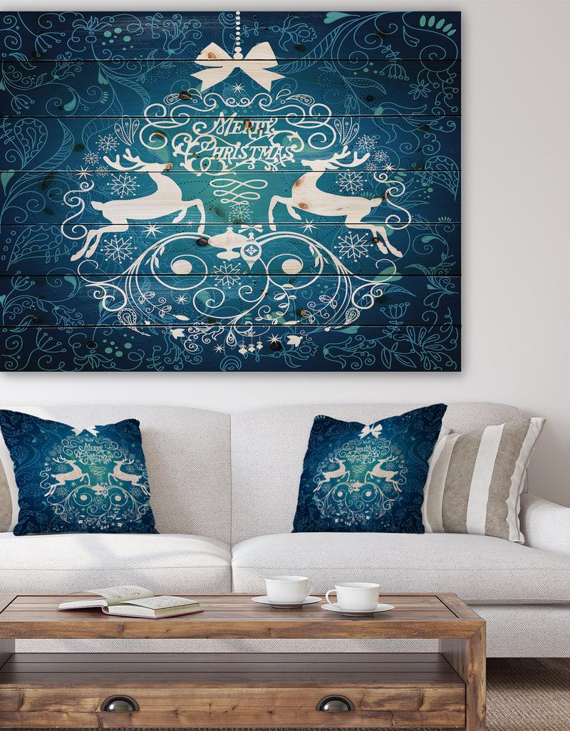 designq Blue Merry Christmas Reindeer Snow Crystal Pattern - Print on Natural Pine Wood