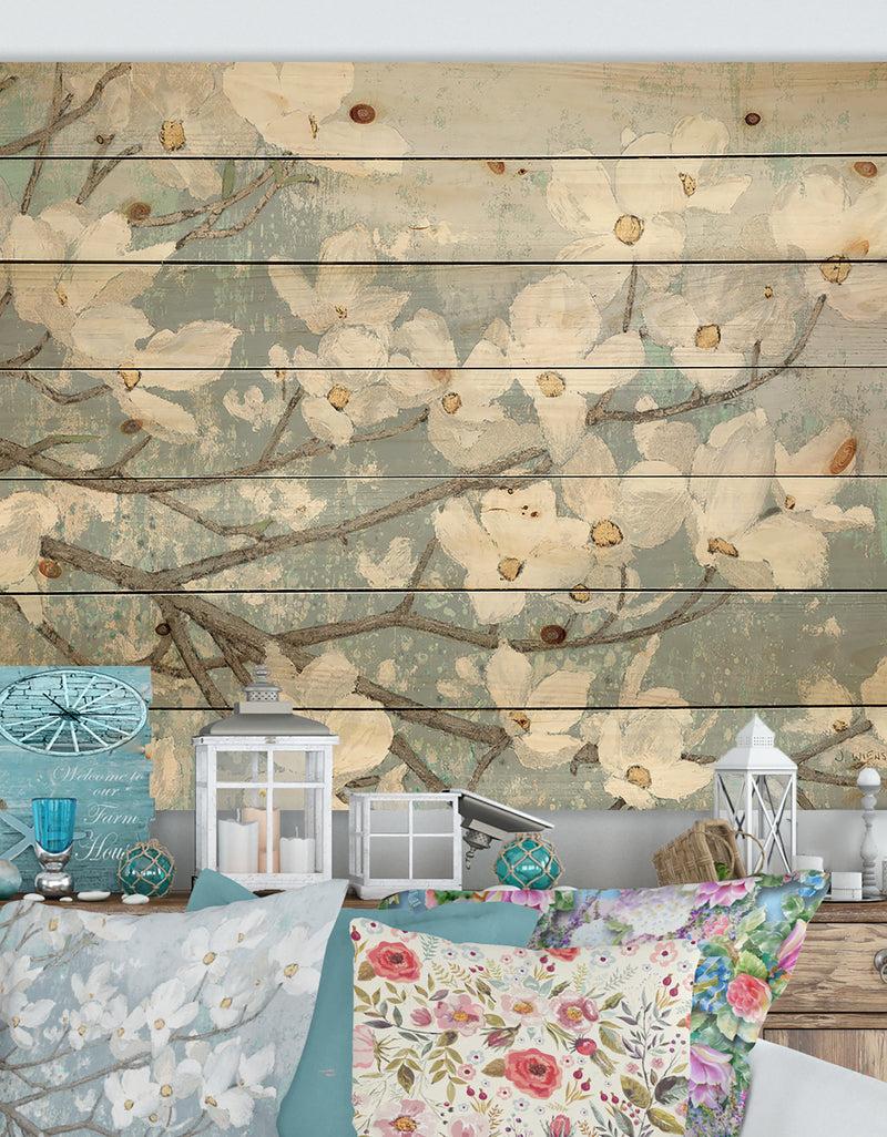 designq Blue on Grey Blossoms - Traditional Print on Natural Pine Wood