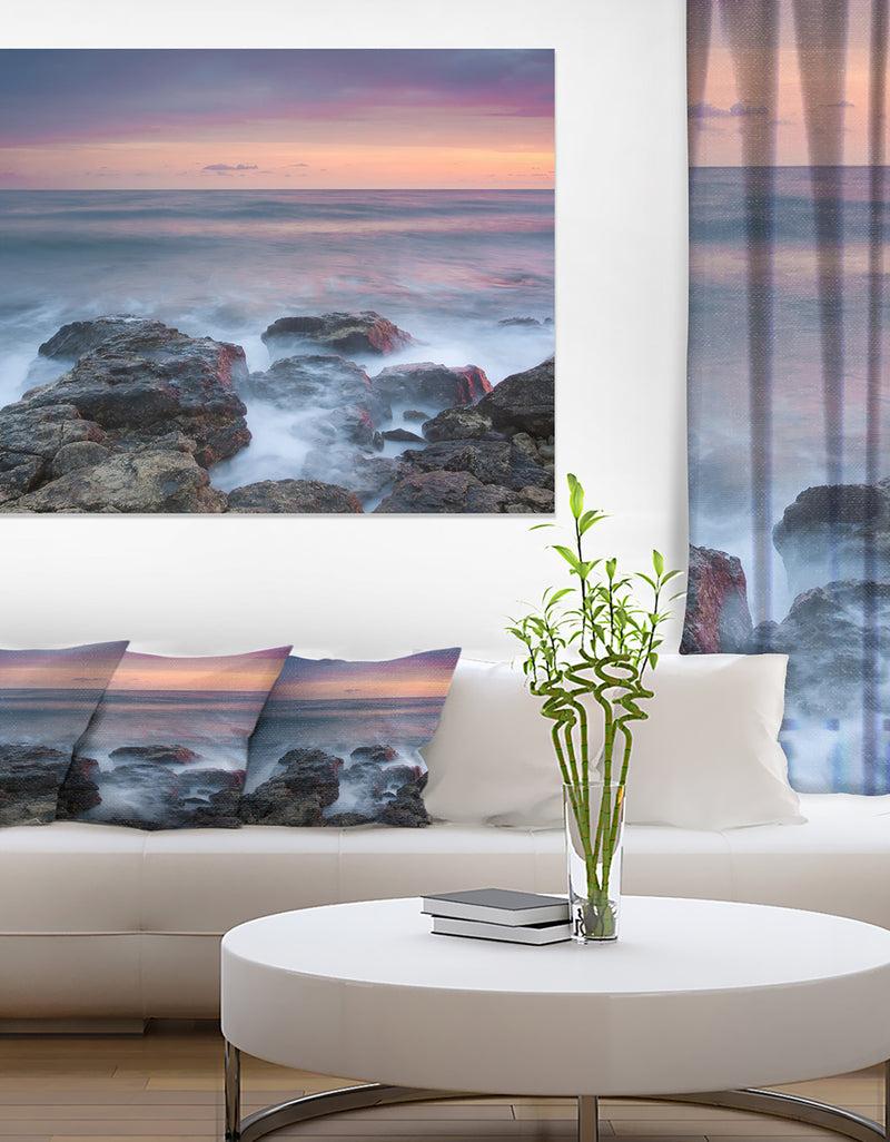 designq Blue Rocky Sea Beach Sunset - Modern Landscape Wall Art Canvas