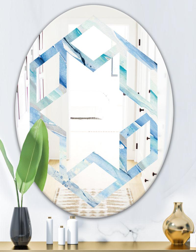 Designq Blue Silver Spring I - Modern Round Or Oval Wall Mirror - Hexagon Star
