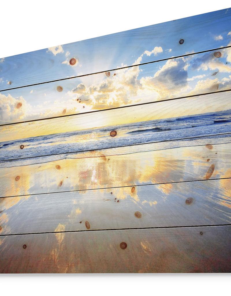 Designq Blue Sky And Clouds Mirrored In Sea - Seashore Print On Natural Pine Wood
