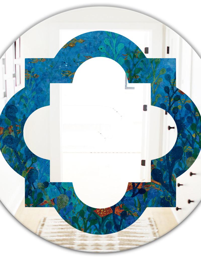 Designq Blue Underwater Lake Leaves I - Cottage Round Or Oval Wall Mirror - Quatrefoil