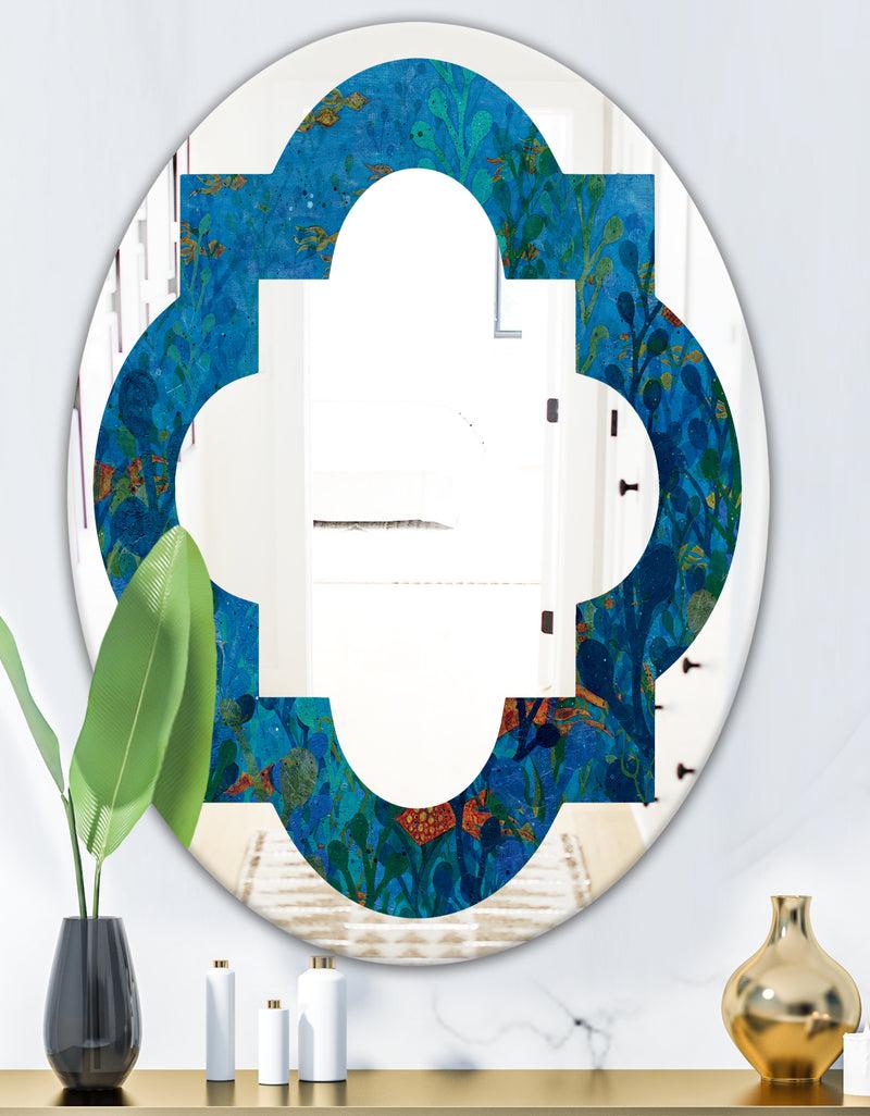 Designq Blue Underwater Lake Leaves I - Cottage Round Or Oval Wall Mirror - Quatrefoil