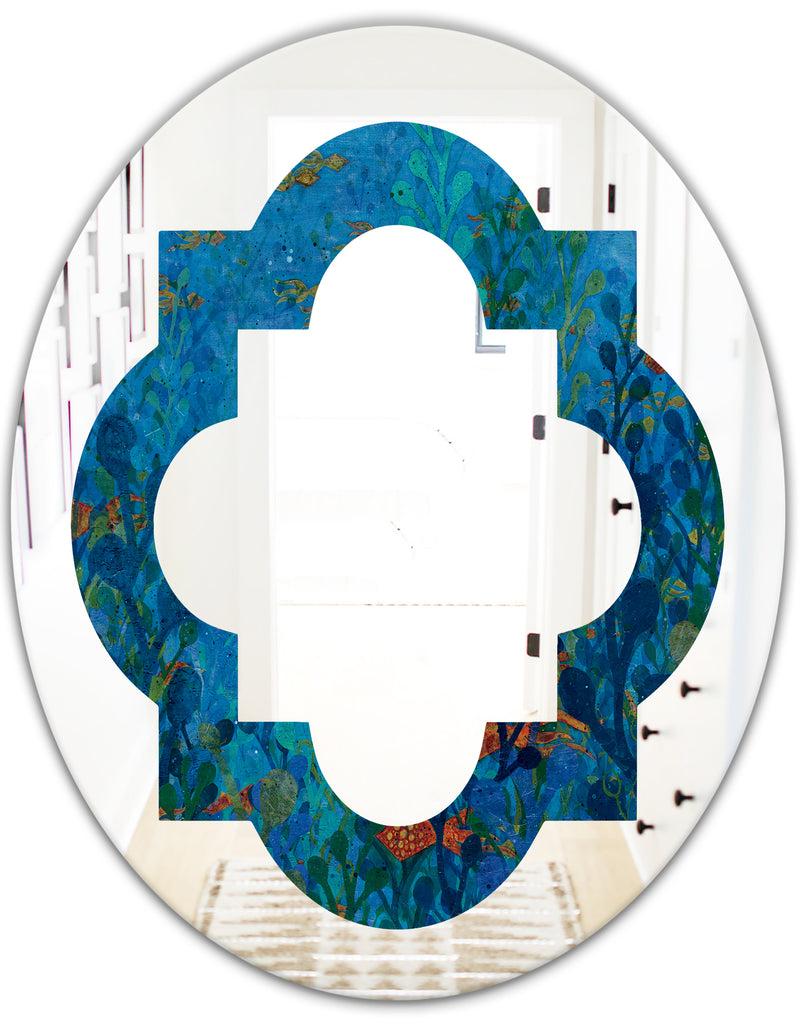 Designq Blue Underwater Lake Leaves I - Cottage Round Or Oval Wall Mirror - Quatrefoil