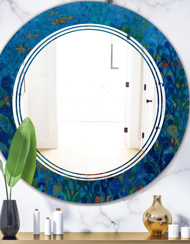 designq Blue Underwater Lake leaves I - Cottage Round or Oval Wall Mirror - Triple C
