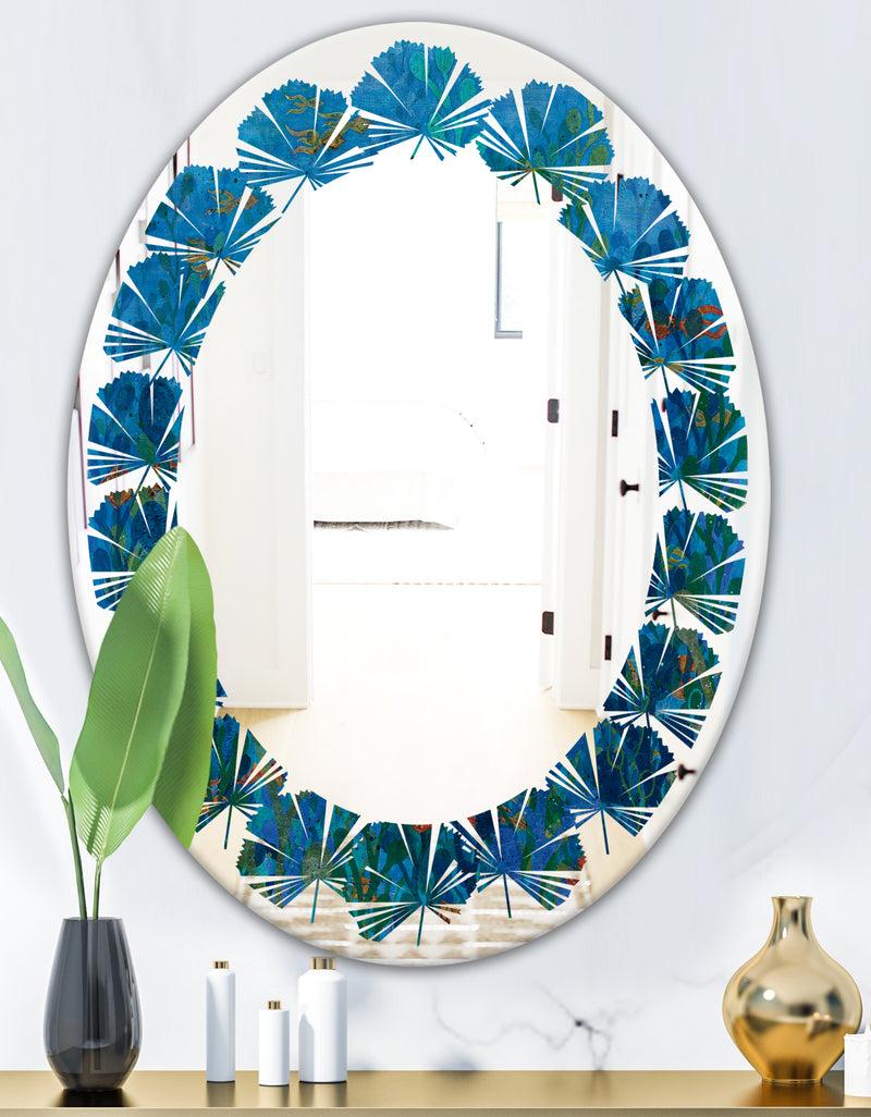 Designq Blue Underwater Lake Leaves I - Cottage Round Or Oval Wall Mirror - Leaves