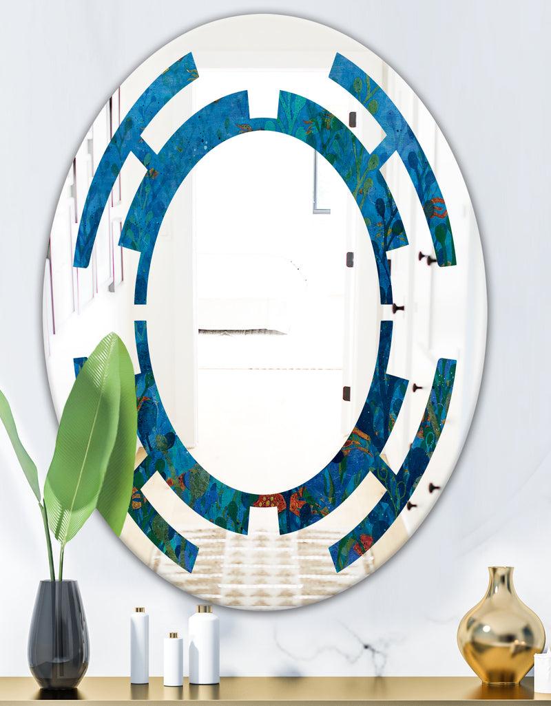 Designq Blue Underwater Lake Leaves I - Cottage Round Or Oval Wall Mirror - Space