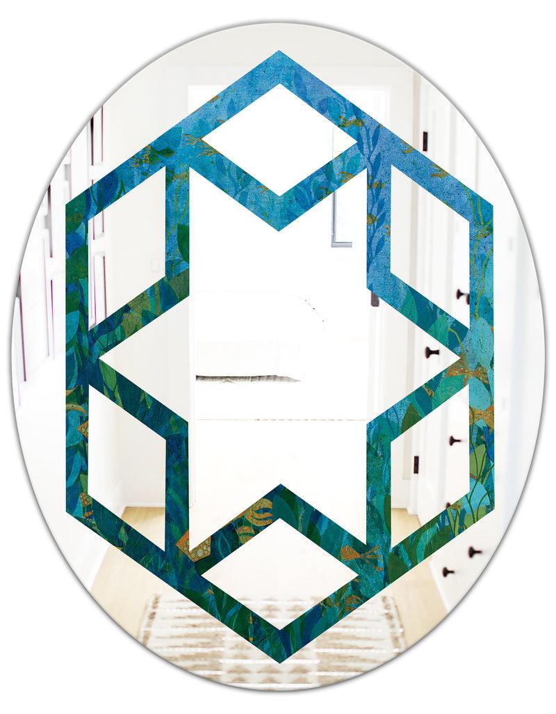 Designq Blue Underwater Lake Leaves II - Modern Round Or Oval Wall Mirror - Hexagon Star