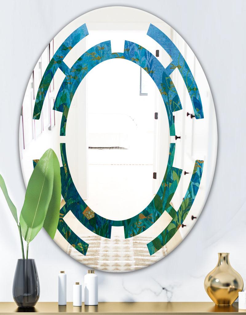 Designq Blue Underwater Lake Leaves II - Modern Round Or Oval Wall Mirror - Space