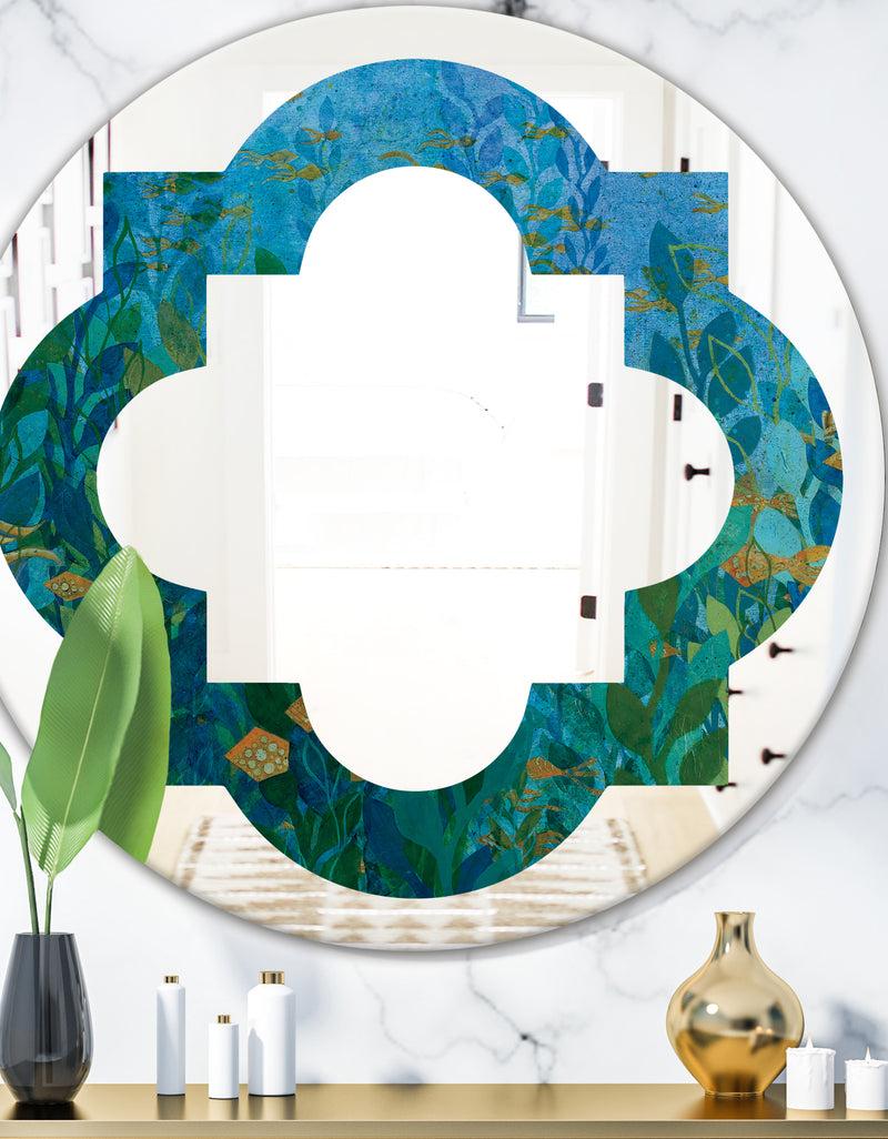designq Blue Underwater Lake leaves II - Modern Round or Oval Wall Mirror - Quatrefoil