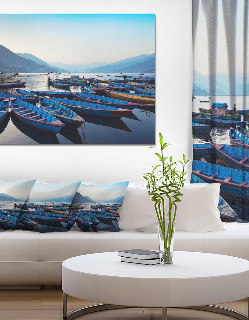 designq Blue Wooden Boats in Lake - Boat Canvas Artwork