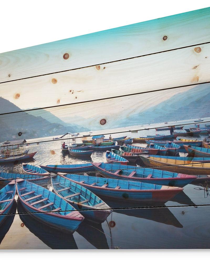 Designq Blue Wooden Boats In Lake - Boat Print On Natural Pine Wood