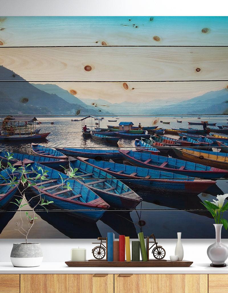 designq Blue Wooden Boats in Lake - Boat Print on Natural Pine Wood