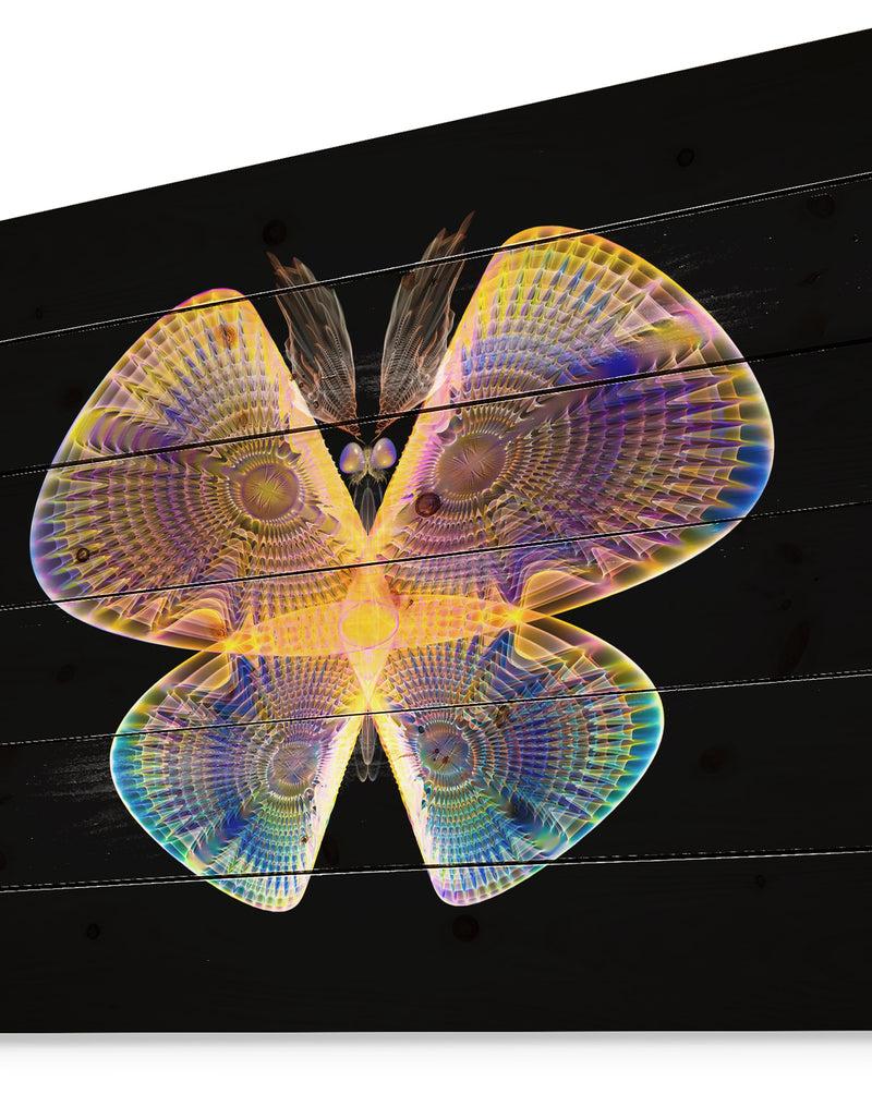 Designq Blue Yellow Fractal Butterfly In Dark - Abstract Print On Natural Pine Wood
