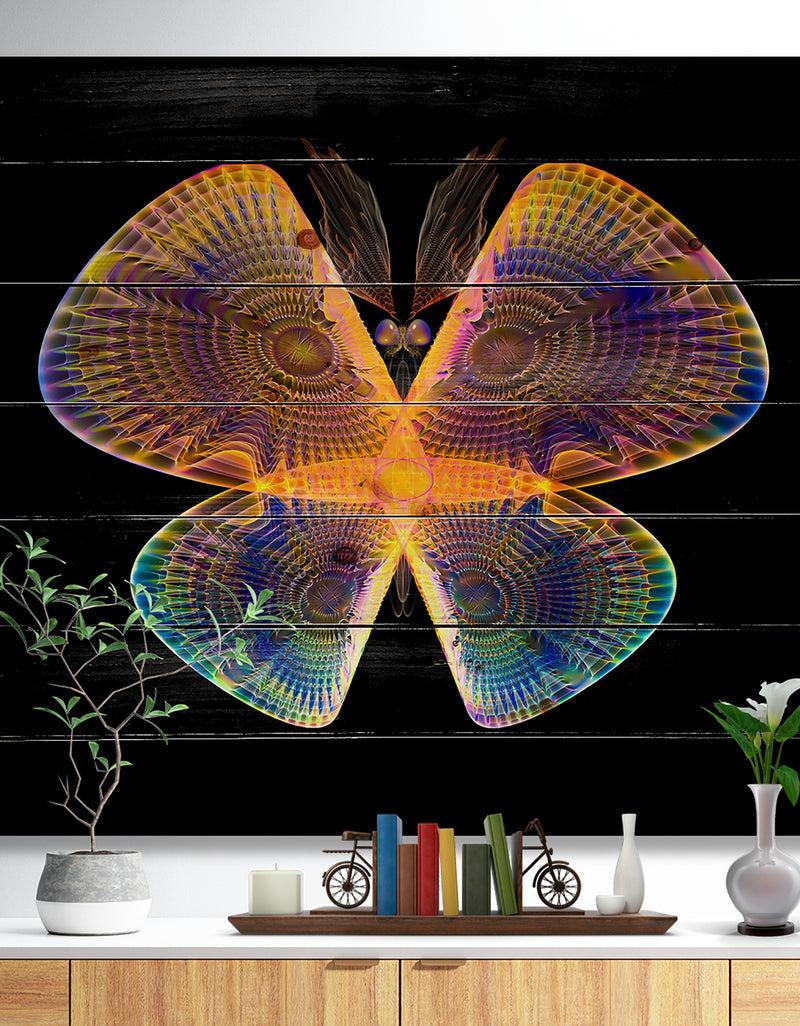 designq Blue Yellow Fractal Butterfly in Dark - Abstract Print on Natural Pine Wood